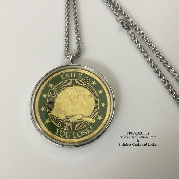 Soldier Skull Enamel Coin in Stainless Locket & 45 - 60cm Wheat Link Chain - Picture 8 of 11